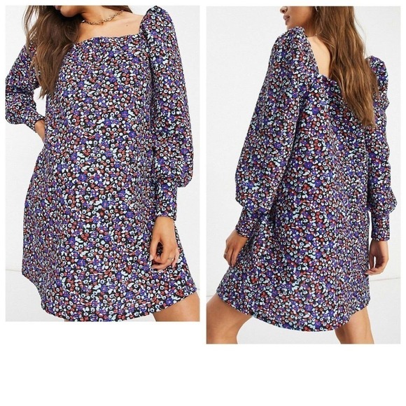 ASOS Maternity Blue Red Ditsy Floral Smoked Mini Dress Puff Sleeve Women's US 16 - Picture 1 of 9
